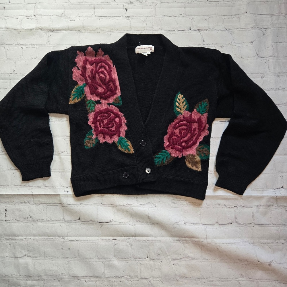 Vintage wool blend rose Floral Cardigan Wool S asymmetrical button cottagecore